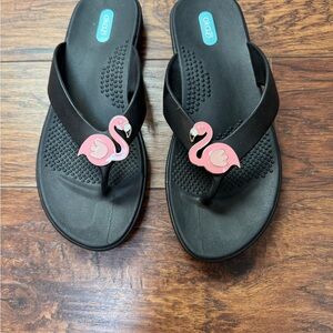 OKA b. Black Sandals with Pink Flamingo, new never used.